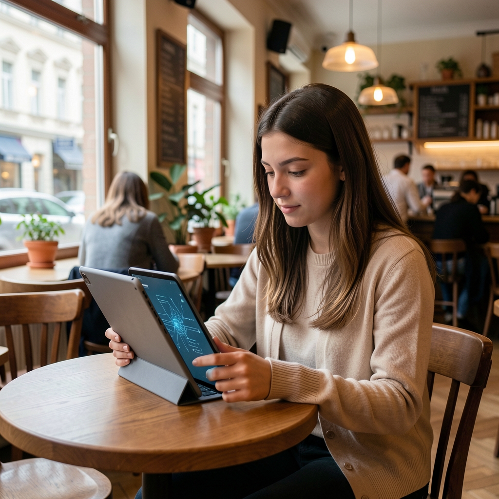 Studentka studující AI kurz na tabletu v světlé kavárně v Praze s šálkem kávy na stole