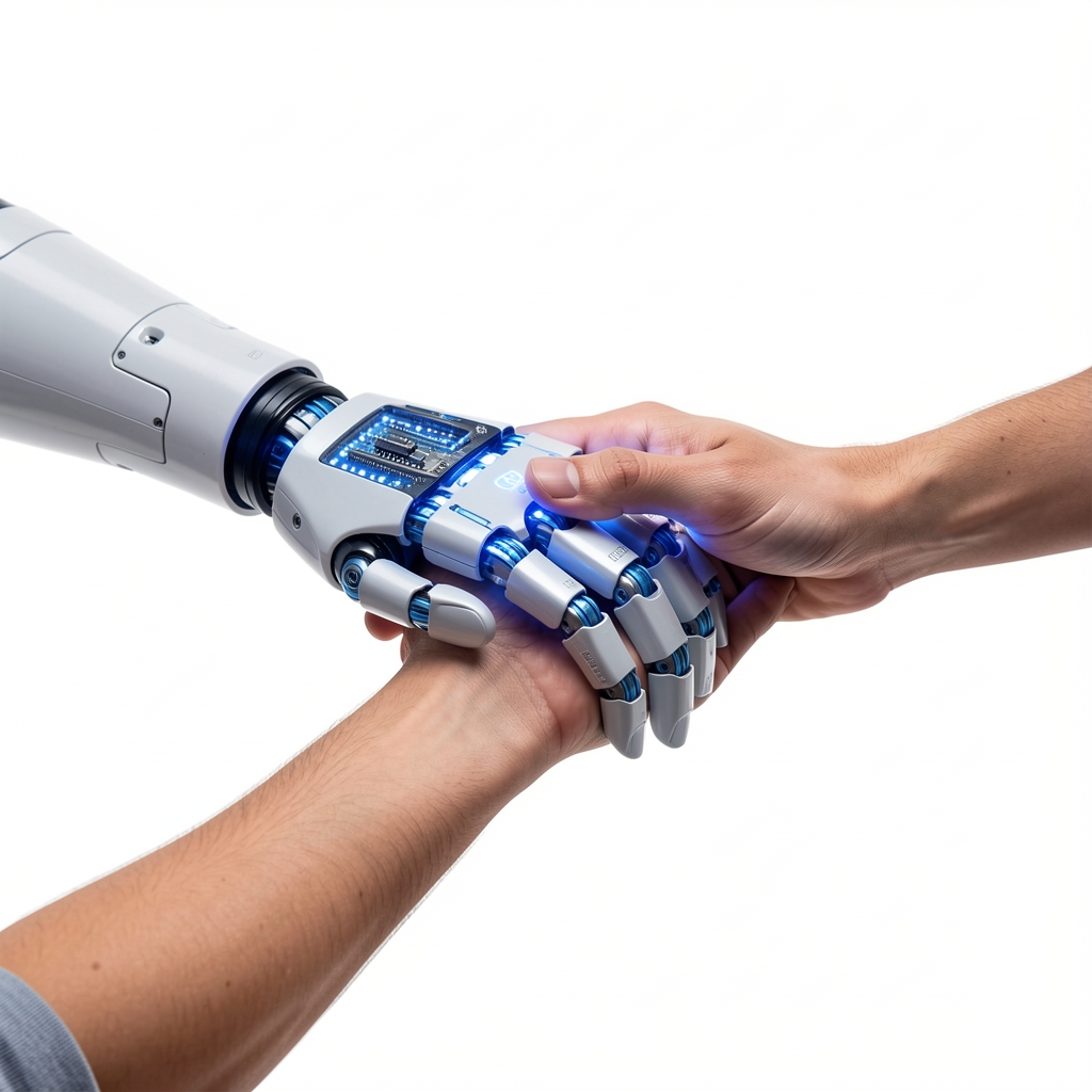 Robotická ruka s modrými LED diodami podávající ruku lidskému zápěstí, symbolizující spolupráci člověka a AI na bílém pozadí