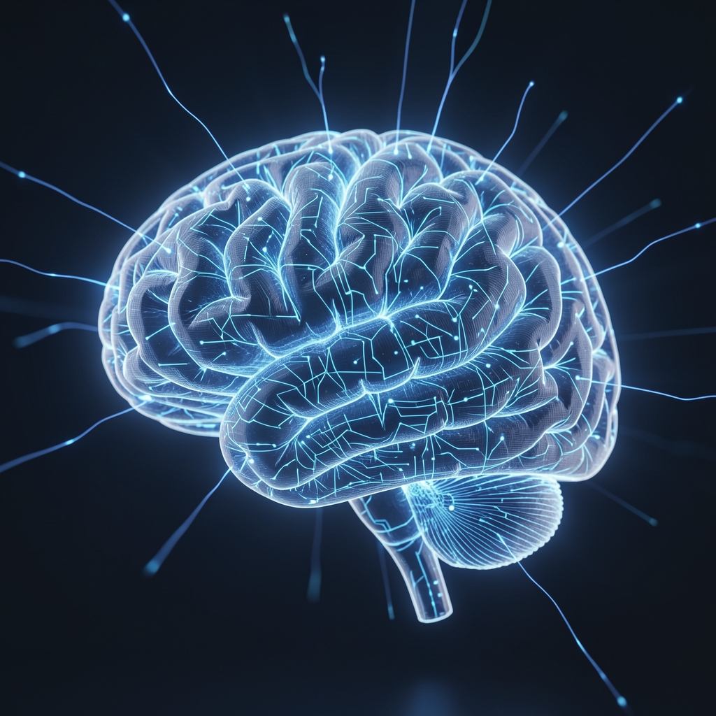 Futuristická vizualizace AI mozku s propojujícími se neurony vyzařujícími modré světlo, reprezentující generativní umělou inteligenci roku 2025
