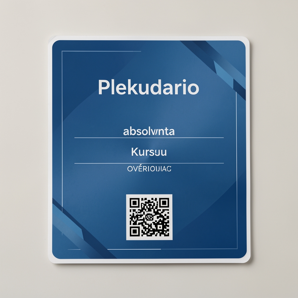 Ukázka digitálního certifikátu Plekudario s modrým designem, jménem absolventa, názvem kurzu a ověřovacím QR kódem