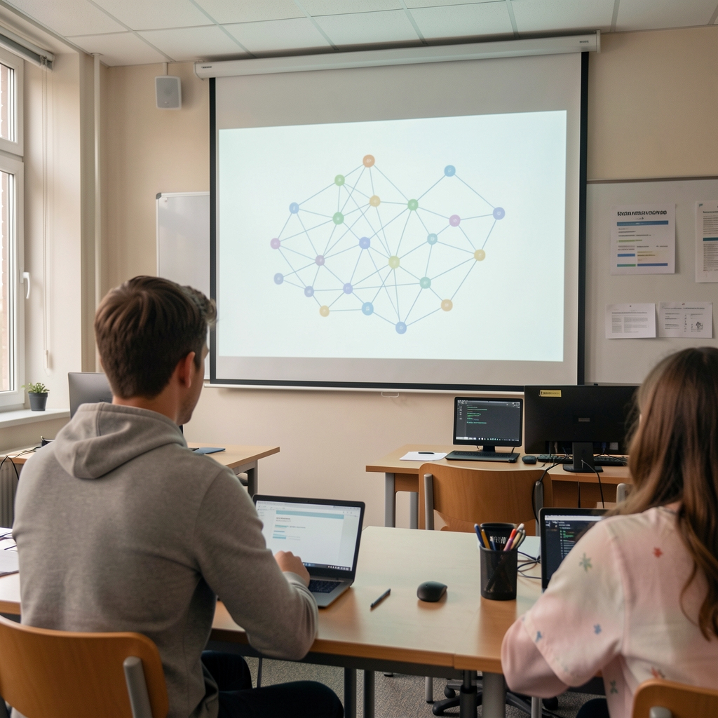 Snímek z videolekce – lektor ukazující diagram neuronové sítě na projekci, v pozadí zapsaná třída
